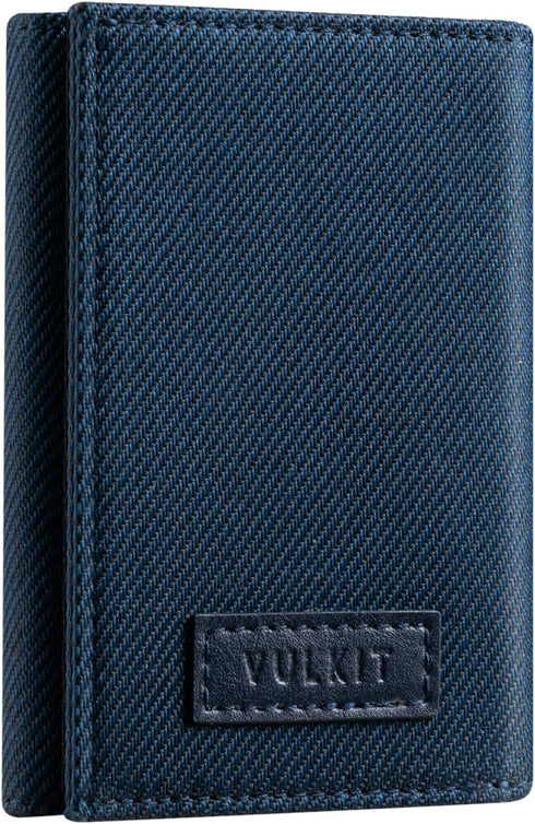 VULKIT Minimalist Leather Rfid Blocking Trifold Wallet Slim Credit Card Holder with 3 ID windows & Zipper Pocket for Men (Blue)...