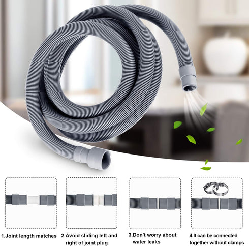 Universal Washing Machine Drain Hose Flexible Dishwasher Drain Hose Extension Kits Corrugated Washer Discharge Hose with 1 Extension Adapter and 2 Hose Clamps, U-Bend Hose Holder (6 ft)