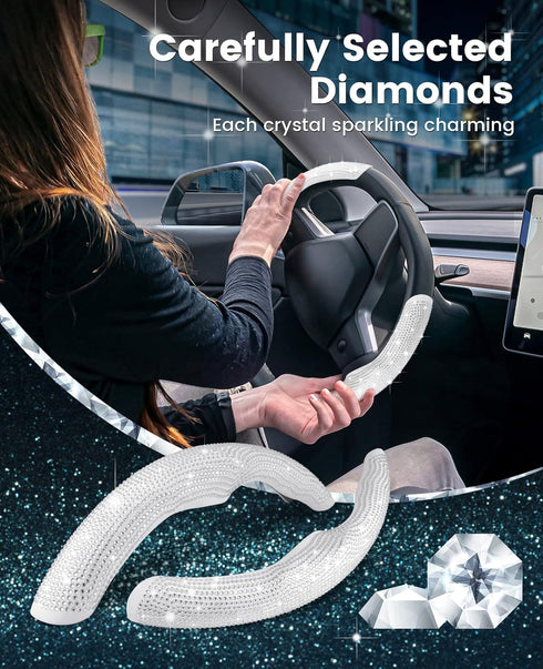 Diamond Bling Steering Wheel Cover for Tesla Model Y 2020-2024/2017-2024 Model 3,2PCS Car Steering Wheel Cover with Rhinestones Sparkling with Col...