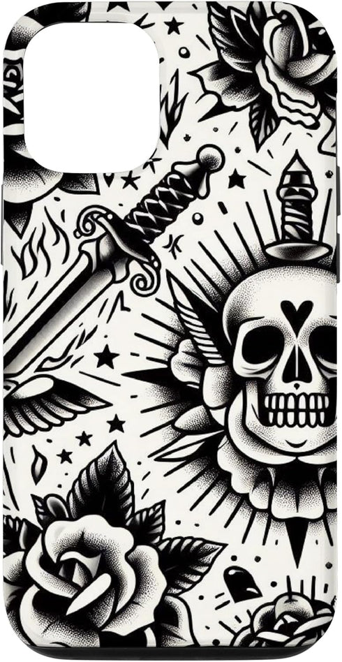 iPhone 15 Skull and Rose Old School Tattoo Style, American Traditional Case...