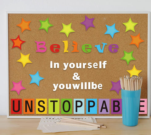 54 Pcs Believe in Yourself Bulletin Board Decorations Stylish Star Inspirational Quotes Bulletin Cutouts Wall Decals with Glue Point Dots for Scho...