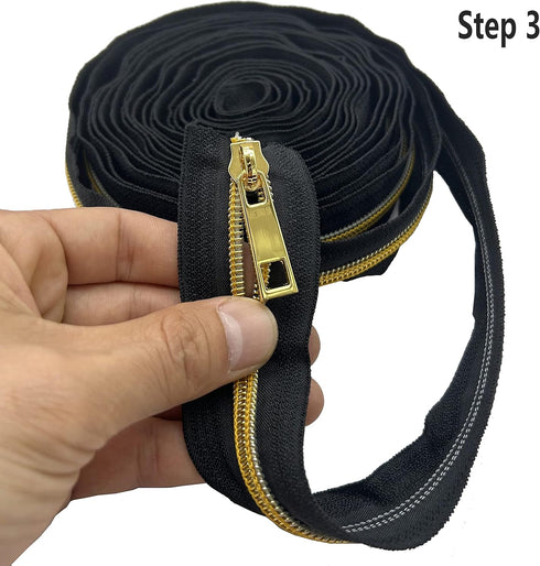 #5 Black Zipper Tape by The Yard Nylon Zippers for Sweing Gold Teeth 10 Yard with 20pcs Zipper Pulls for Bags and Purses Handback Craft Making...