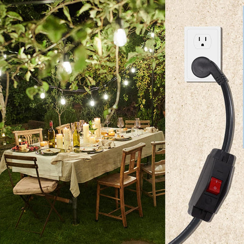 Short Outdoor Extension Cord with On/Off Switch - 1.5FT Waterproof 3 Prong Extension Cord with Inline Switch, 1875W Heavy Duty Black SJTW 14AWG Gr...