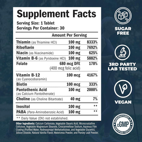 Vitamin B Complex with Vitamin B12, Niacin, Vitamin B2, Vitamin B6, Folic Acid 400mcg. B Complex Vitamins for Women & Men. Aids Mood, Energy, Nerv...