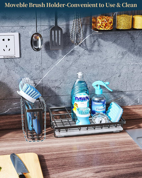 Consumest Sink Caddy-Kitchen Sponge Holder + Dish Brush Holder for Kitchen Sink, Sink Organizer with Drip Tray for Countertop Stainless Steel Rust...