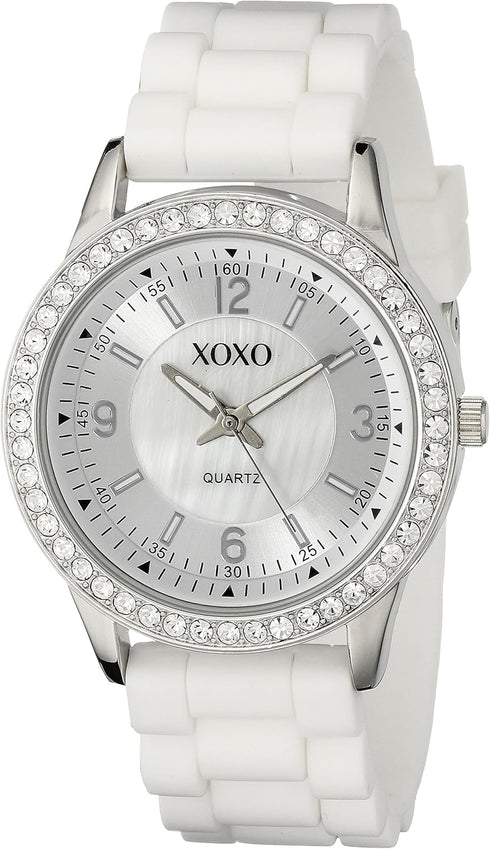 XOXO Women's Rhinestone Bezel Watch with White Silicone Strap, Mother-of-Pearl Sunray Dial, Quartz Movement, 40mm Stainless Steel Case, Fits Wrist...