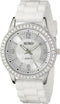 XOXO Women's Rhinestone Bezel Watch with White Silicone Strap, Mother-of-Pearl Sunray Dial, Quartz Movement, 40mm Stainless Steel Case, Fits Wrist...