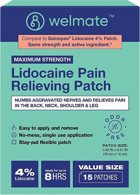 WELMATE | 4% Lidocaine Numbing Patch | Maximum Strength | Temporary Relief of Pain, Back, Neck, Shoulders, Knees, Elbows, Minor Skin Irritations |...