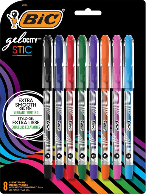 BIC Gel-ocity Smooth Stic Gel Pen, Medium Point (0.7mm), Assorted Colors, 8-Count, Vibrant and Smooth Gel Ink Pens...