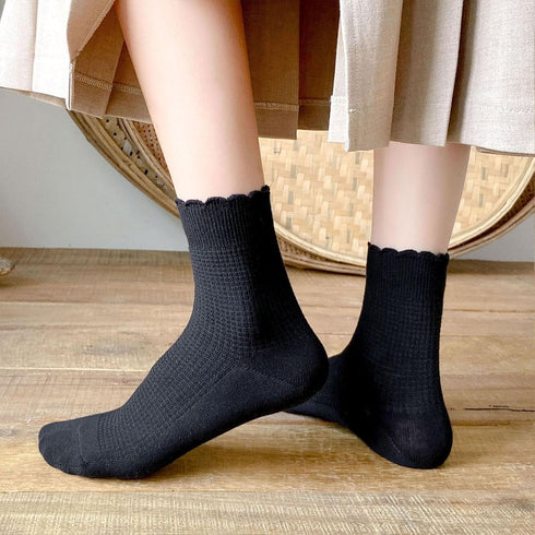 Women Cute Ruffle Frilly Turn Cuff Ankle Socks Scalloped Pointelle Solid Casual Crew Socks 4 Pairs...