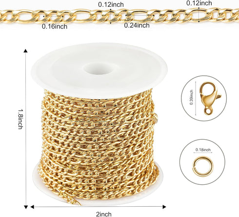 Kyutong Gold Necklace Chain for Jewelry Making 16.4 Feet Stainless Steel Jewelry Chain Bulk 3MM Wide Figaro Chains with Lobster Clasps Jump Rings ...