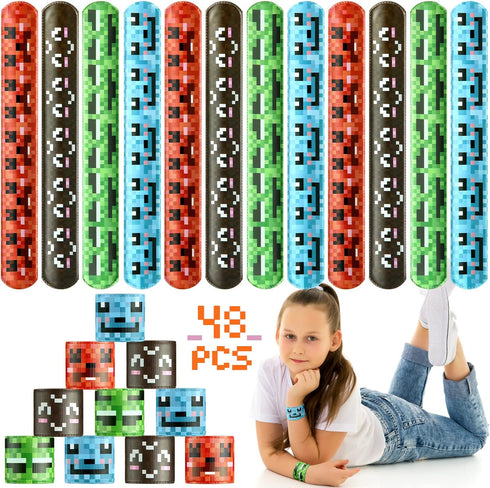 48 Pieces Pixel Slap Bracelet Pixelated Miner Party Pixelating Snap Bracelets Multi Colorful Party Supplies for Pixel Craft Themed Video Game Birt...