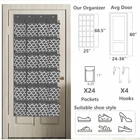 Over the Door Shoe Organizer with 24 Extra Large Pockets - Hanging Shoe Rack Storage Holder for men shoes zapateras and 4 Sturdy Hooks for Women H...