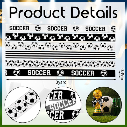 6 PCS Sports Soccer Ribbons for Crafting, 3/8" Width Grosgrain Ribbon Black White Stripes Ribbon Soccer Ball Craft Ribbons for Sports Party Decor ...