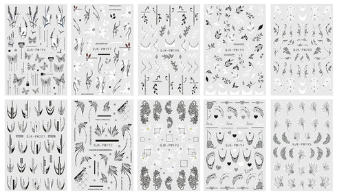 JMEOWIO 10 Sheets Glitter Flower Butterfly Leaves Nail Art Stickers Decals Self-Adhesive Pegatinas Uñas Black White Nail Supplies Nail Art Design ...