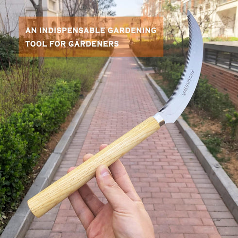 SHANFEEK Grass Sickle with Sawtooth Japanese Weeding Hoe Weeding Tools for Garden High Toughness Stainless Steel with Hard Solid Wood Handle(Yello...