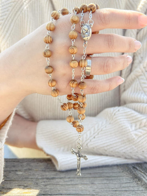 Nazareth Store Catholic Prayer Rosary Olive Wood Beads Necklace Holy Soil Medal & Metal Cross Velvet Gift Bag...