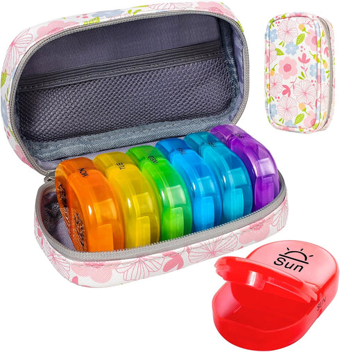 Serfeymi Weekly Travel Pill Organizer 2 Times A Day AM PM Upgraded Rainbow Pill Box 7 Day with Portable Zipper PU Leather Pill Case, Medicine Orga...