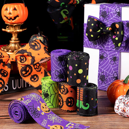 6 Rolls 30 Yards Halloween Wired Edge Ribbons Bat Spider Web Printed Ribbon Witch Legs Hat Skull Pumpkin Ribbons Halloween Decorative Wrapping Rib...