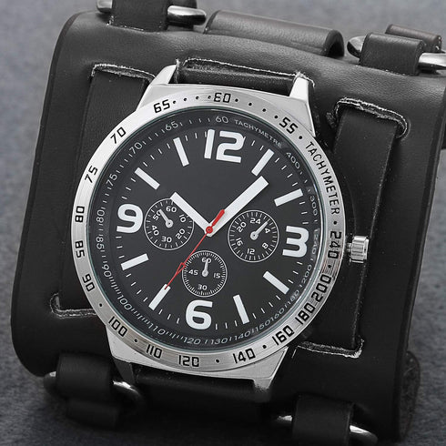 Mens Steampunk Retro Genuine Leather Replaceable Watch Military Japan Quartz Hip-hop Gothic Wide Bracelet Cuff Big Black Dial Sport Wrist Watches...