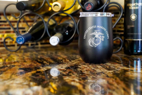 Military Gift Shop USMC Steel Stemless Wine Glass Tumbler, 12 oz Double Wall Vacuum Insulated Outdoor Tumbler–Black with Marine Corps logo | USMC ...