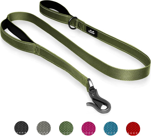 TwoEar 5FT 1IN Strong Green Dog Leash with 2 Padded Handles, Traffic Handle Extra Control, Comfortable Soft Dual Handle, Auto Lock Hook, Reflectiv...