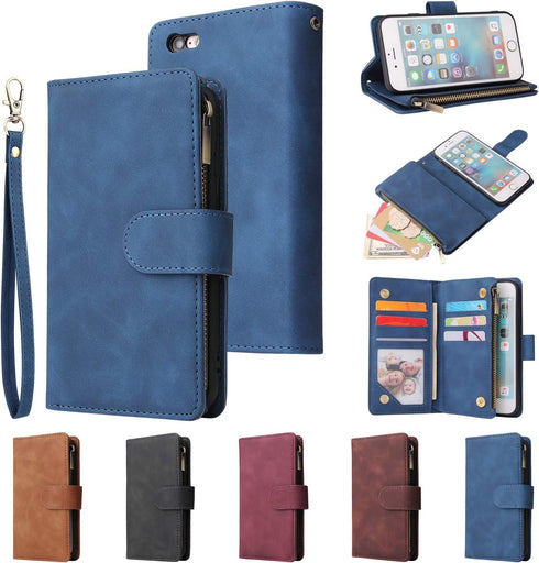 UEEBAI Wallet Case for iPhone 6/iPhone 6S, PU Leather Case Magnetic Closure Handbag Zipper Pocket Case Kickstand Card Slots with Hand Strap Marple...
