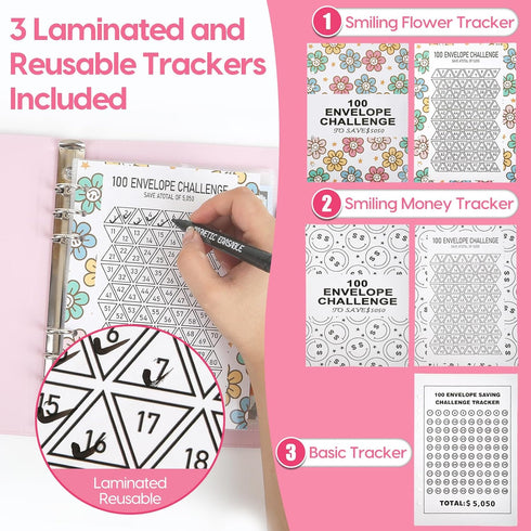 100 Envelope Savings Challenge Binder, 100 Envelopes Money Saving Challenges, A5 100 day cash $5050 challenge book, 3 Markers and 3 Laminated trac...