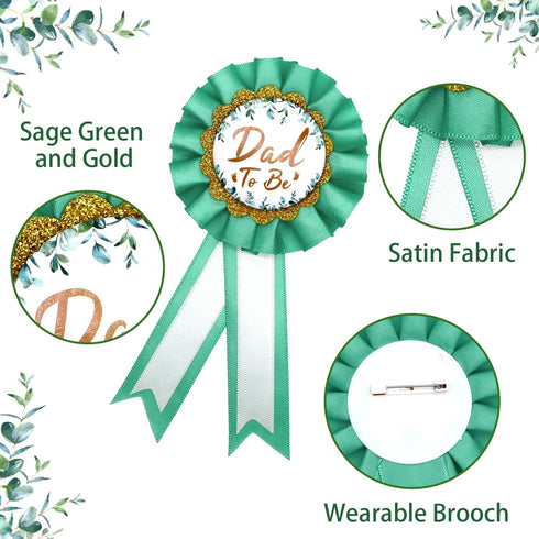 Neutral Sage Green Mom to Be Sash Baby Shower Dad To Be Pin, Gold Glitter Letters Eucalyptus Leaves Greenery Satin Sash Corsage for Pregnant Mommy...