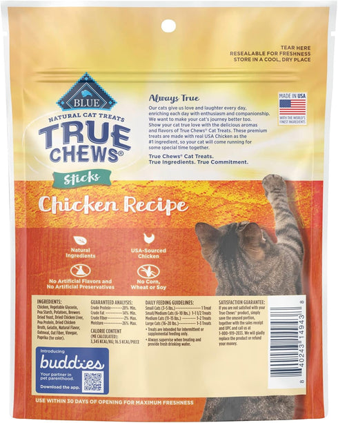Blue Buffalo True Chews Sticks Natural Cat Treats, Chicken Recipe, Meaty & Savory Treats Made in The USA, 3-oz. Bag...