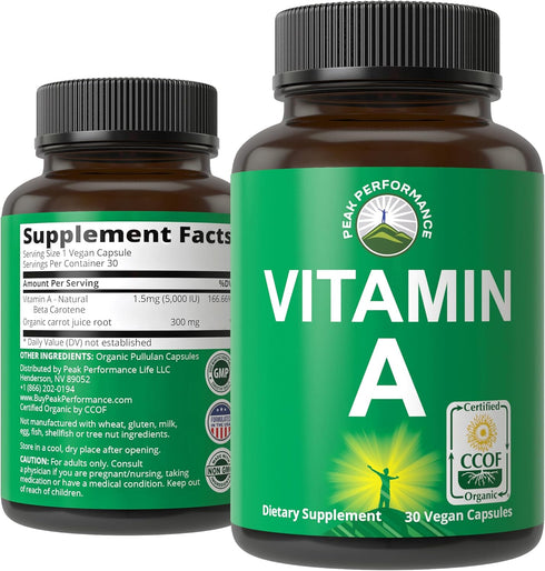 Certified Organic Vitamin A 5000 IU Supplement Capsules High Potency Vitamins. for Adults, Men, Women, Kids. Made with Organic Carrot Juice. Great...