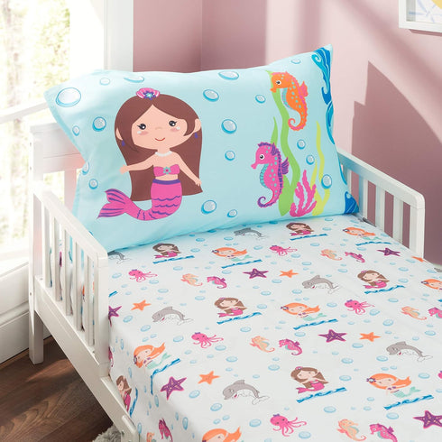 EVERYDAY KIDS Toddler Fitted Sheet and Pillowcase Set -Undersea Mermaids Adventure- Soft Breathable Microfiber Toddler Sheet Set...