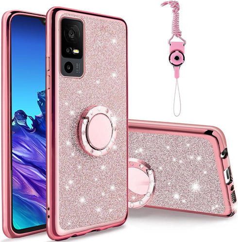 for TCL 40 XE 5G/40 NxtPaper 5G Phone Case with Ring Stand Lanyard Strap, Cute Shiny Glitter Girls Women Drop Protection ShockProof 2-Layer Protec...