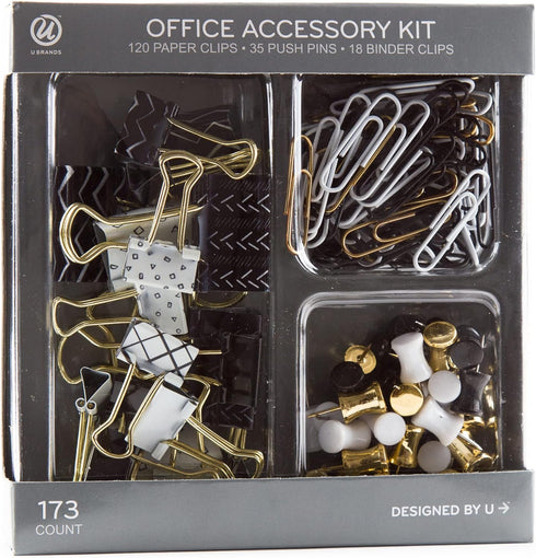 U Brands Office Accessory Kit, Office Supplies, Black and White with Gold, Push Pins, Paper and Binder Clips, 173 Count...