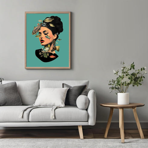 Posterizer 1 pcs-fishes and a vintage woman collage-Art for Animal Lovers-Retro Art-Gift for Art Lovers- UNFRAMED Wall Art...