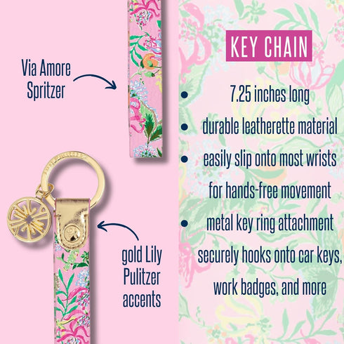 Lilly Pulitzer Durable Leatherette Strap Key Chain, Cute Wristlet Keychain Accessory with Metal Ring, Via Amore Spritzer...