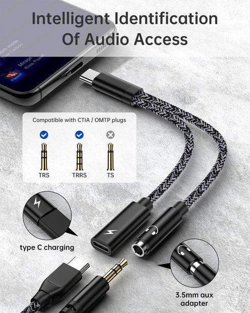 iPhone 15 Headphone Adapter, 2-in-1 USB C to 3.5mm Audio Aux Jack with PD 60w Fast Charging Adapter Splitter Dongle for Apple 15 Pro Max/15 Plus/1...