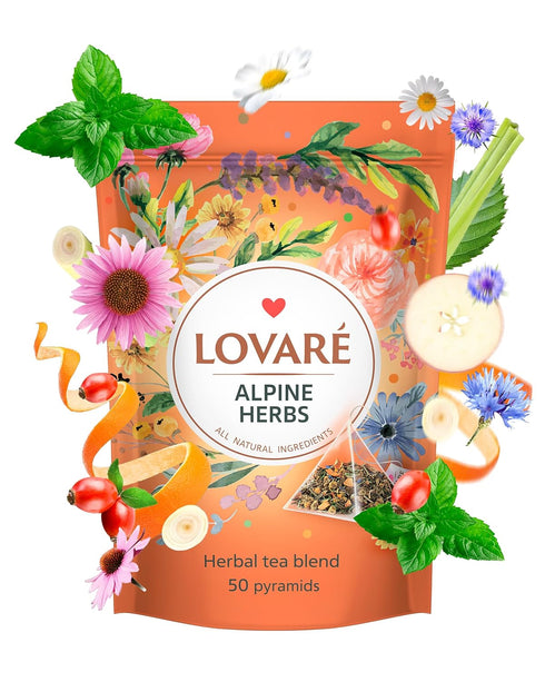 LOVARE Alpine Herbs Tea Pouch - Pyramid Tea Bags 50 Pack x 2 g - Made in Ukraine - Doypack with Lemongrass, Chamomile Flowers, Rose Hips, Orange, ...