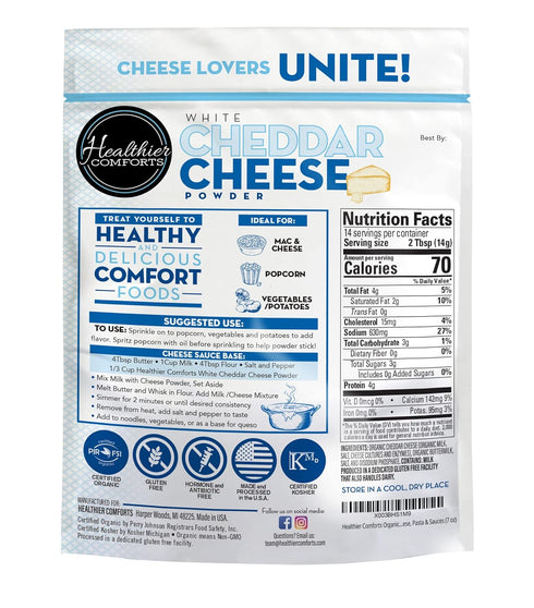 Healthier Comforts Organic White Cheddar Cheese Powder | Gluten Free, Kosher, Keto-Friendly, Non-GMO, Antibiotic & Hormone Free | Perfect for Popc...