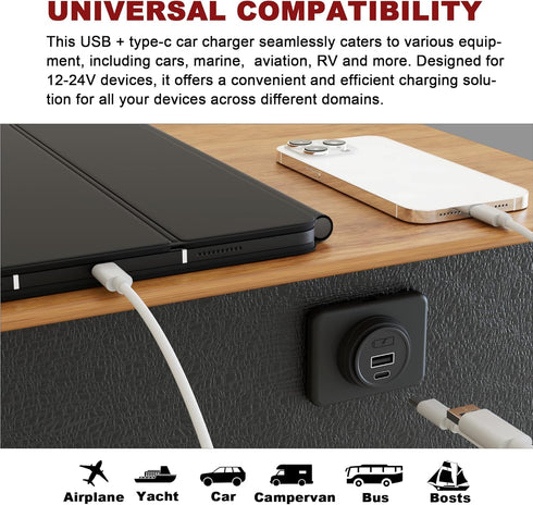 12 Volt USB Outlet Power Socket, DAMAVO YM1288 Cigarette Lighter Socket Car Charger USB Port for Car, Bus, RV, Boat, Automotive Marine ATV Truck G...