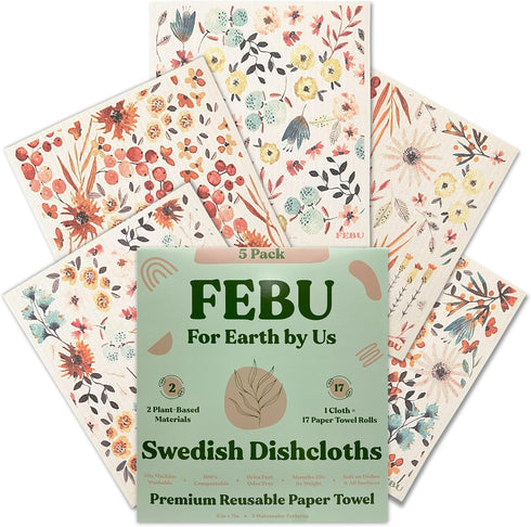 FEBU Swedish Dishcloths for Kitchen | 5 Pack Watercolor Dish Towels | Reusable Paper Towels Washable | Non-Scratch Cellulose Sponge Cloths | No Od...