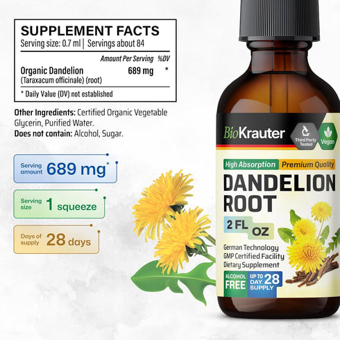 BIO KRAUTER Dandelion Root Extract - Alcohol & Sugar Free Dandelion Tinture - Vegan Supplement for Cleansing & Immunity - 2 Fl. Oz - 28 Days of Su...