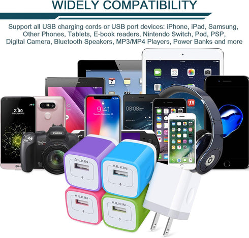 USB Charger Cube, Wall Charger Plug, AILKIN 1A 1-Port USB Power Adapter Charging Station Box for Apple iPhone AC Cargardor Wall Outlet Multi 5 Pac...