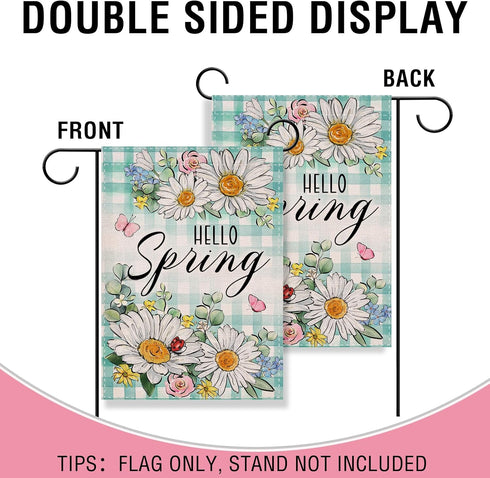 Hello Spring Daisy Flower Small Decorative Garden Flag, Floral Eucalyptus Leaves Teal Plaid Yard Lawn Outside Decor, Butterfly Farmhouse Burlap Ou...