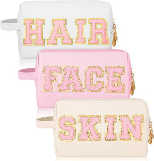 Sotiff 3 Pcs Preppy Patch Makeup Bag Hair Face Skin Cosmetic Bag Travel Toiletry Bag for Women Chenille Letters Patch Bag with Handle Waterproof P...