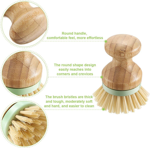 4 Pieces Bamboo Dish Scrub Brush with Holders Wooden Bamboo Round Scrubbers Stiff Bristles Pot Brushes for Wash Dishes, Pots, Pans, Kitchen Iron P...