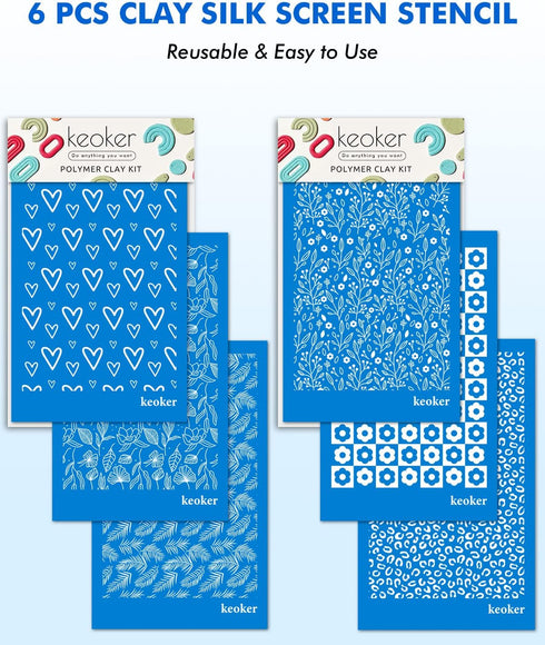 KEOKER Silk Screen Stencils for Polymer Clay,Cheetah Leopard Silk Screen for Polymer Clay, 6 PCS Reusable Silkscreen Print Kit for Printing on Cla...