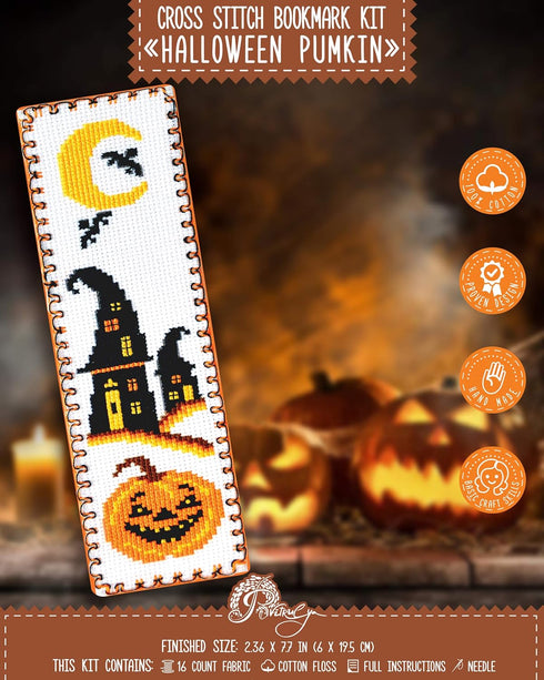 Povitrulya Halloween Pumpkin Jack-o'-lantern Cross Stitch Kit - DIY Hand Embroidery Bookmark...