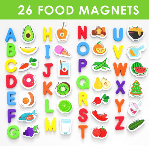 Curious Columbus Toddler Magnets – Set of 52 Fridge Magnets for Kids – Includes 26 Large Foam Food Pieces and 26 ABC Alphabet Letters for Learning...