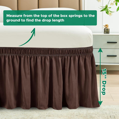 Biscaynebay Wrap Around Bed Skirts for Queen Beds 15" Drop, Brown Adjustable Elastic Dust Ruffles Easy Fit Wrinkle & Fade Resistant Silky Luxuriou...